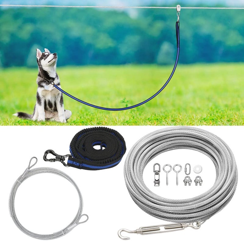 XiaZ 100ft Dog Tie Out Cable with 8 Ft Nylon Bungee Runner, Protects Trees for Outdoor Use - Image 1